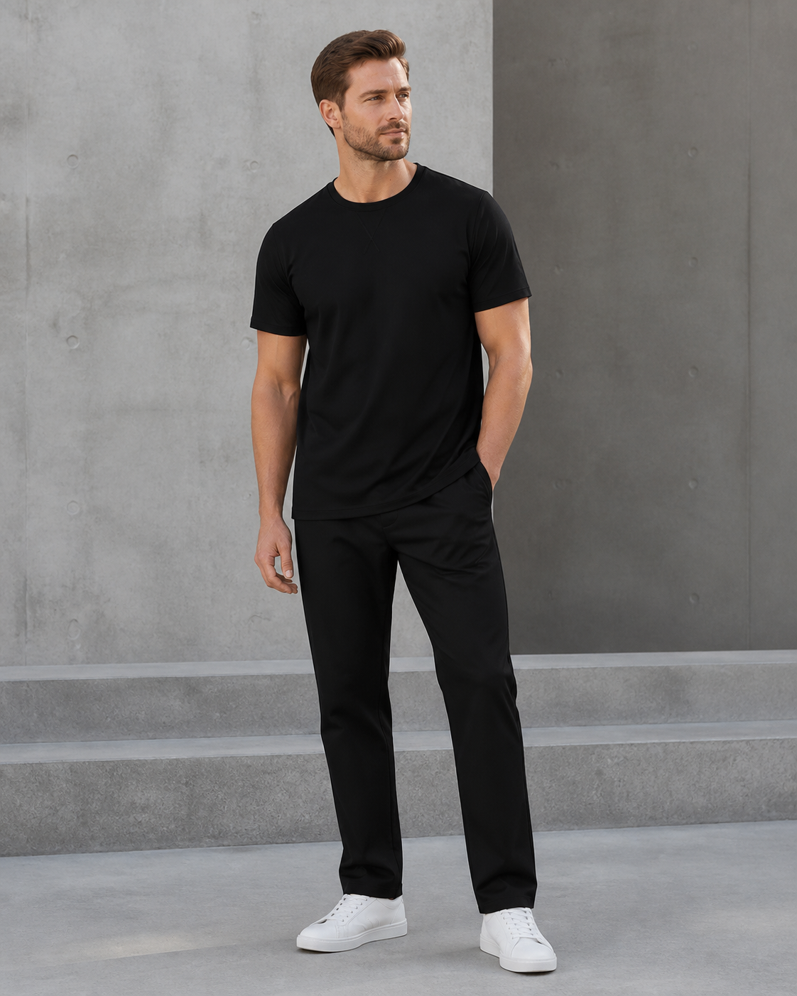 Model wearing the black Averon Classic Fit tee in a modern architectural setting