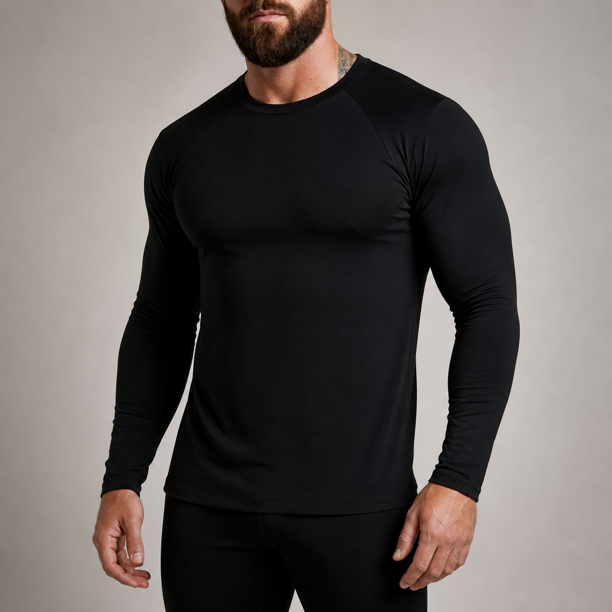 Close view of the neckline sleeve fit and torso shape of the black Averon FitFlex Long