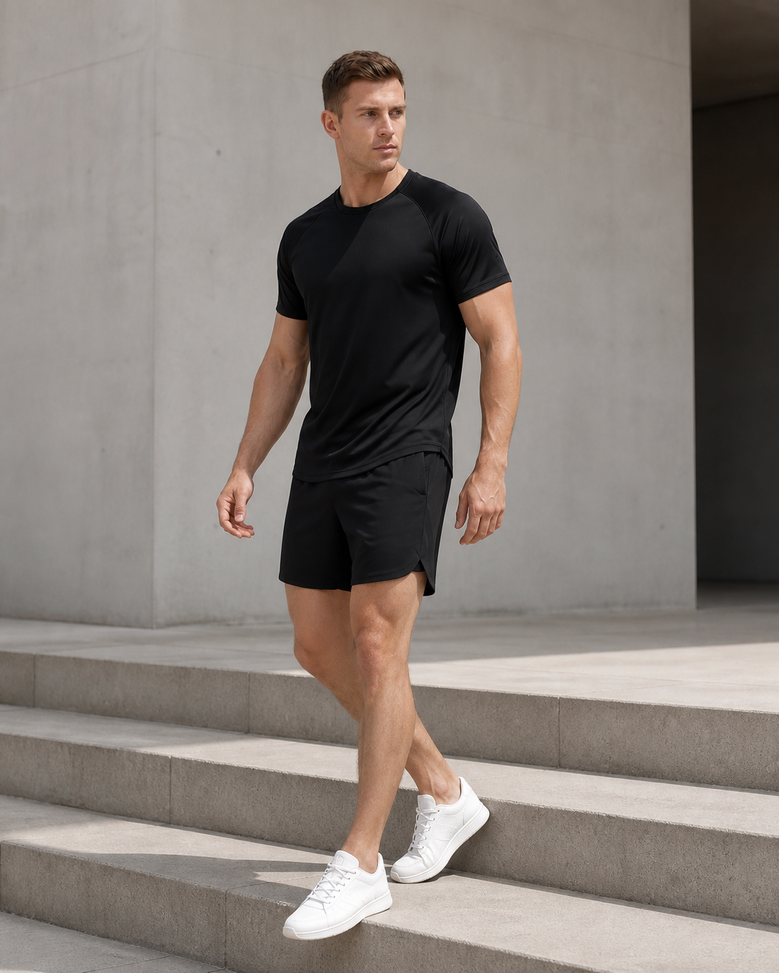 Model wearing black Averon FitFlex Shorts in a modern architectural setting