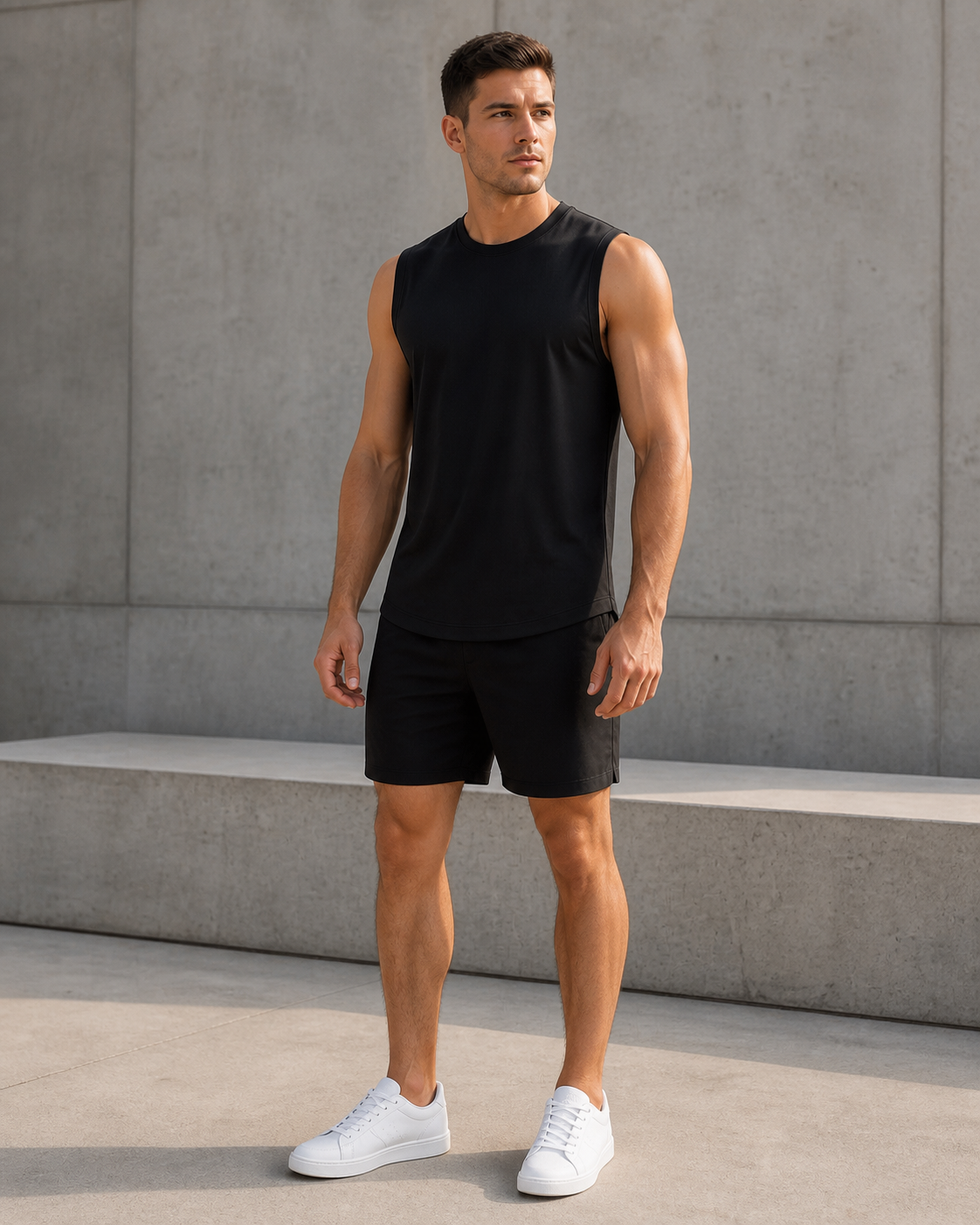 Model wearing the black Averon FitFlex Sleeveless in a modern architectural setting