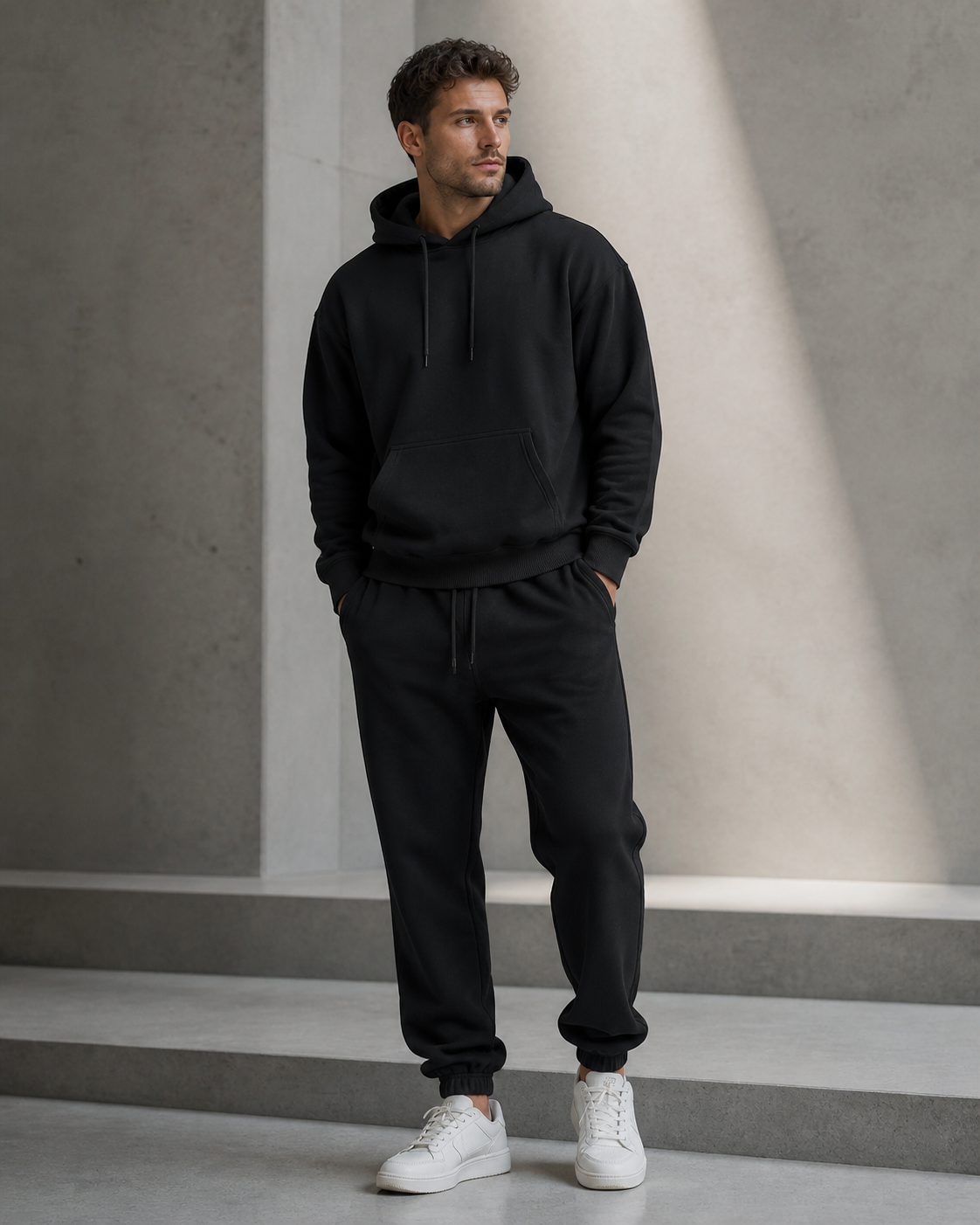 Model wearing the black Averon Sweat Set in a modern architectural setting