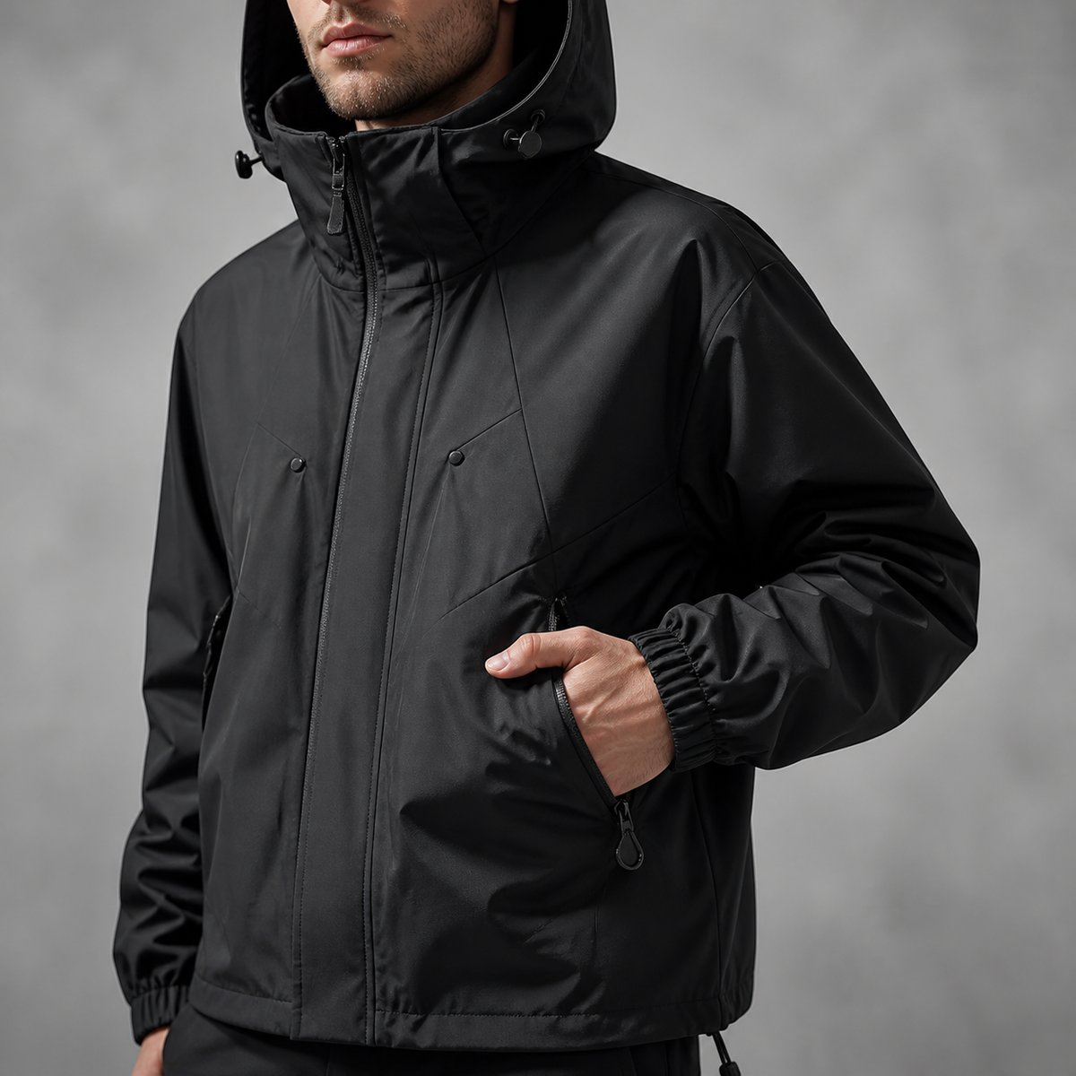 Averon windbreaker hood zipper and pocket detail