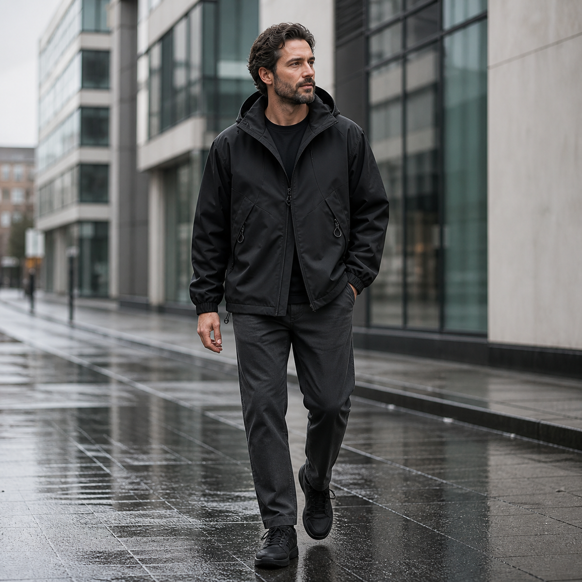 Averon black windbreaker worn in light rain
